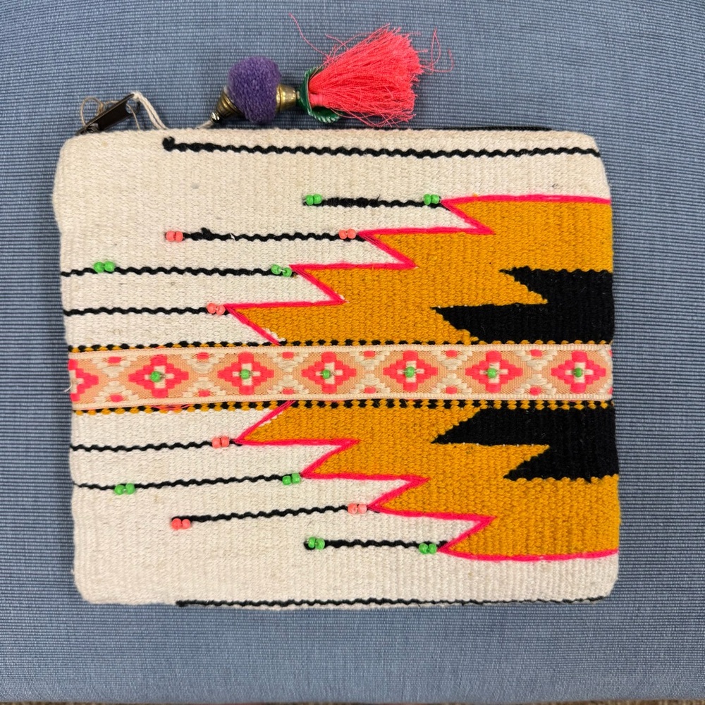 Lovestitch woven boho western clutch zigzag pattern beaded accents tassels